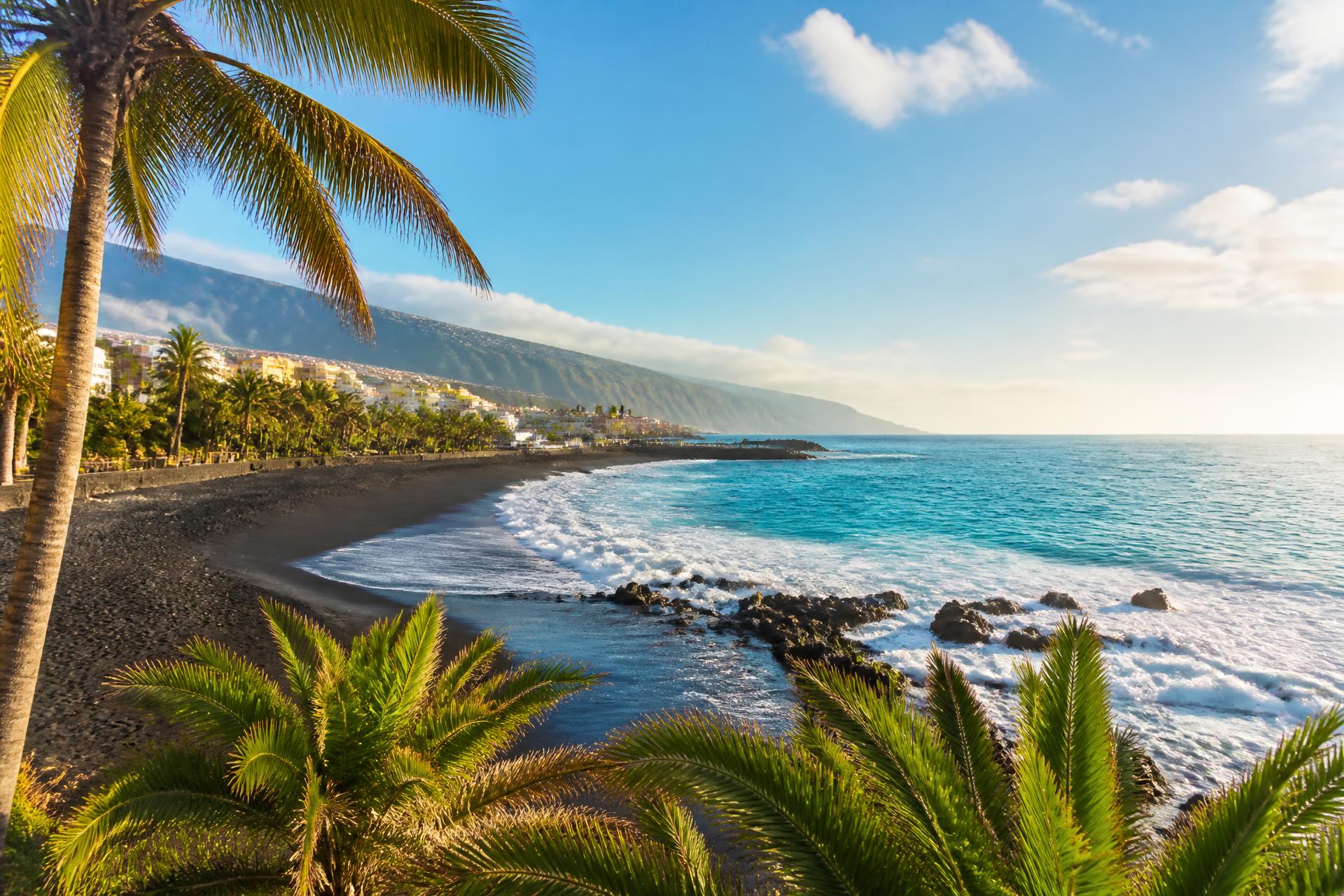 Пляж Пуэрто-де-ла-Крус с пальмами и бирюзовой Атлантикой