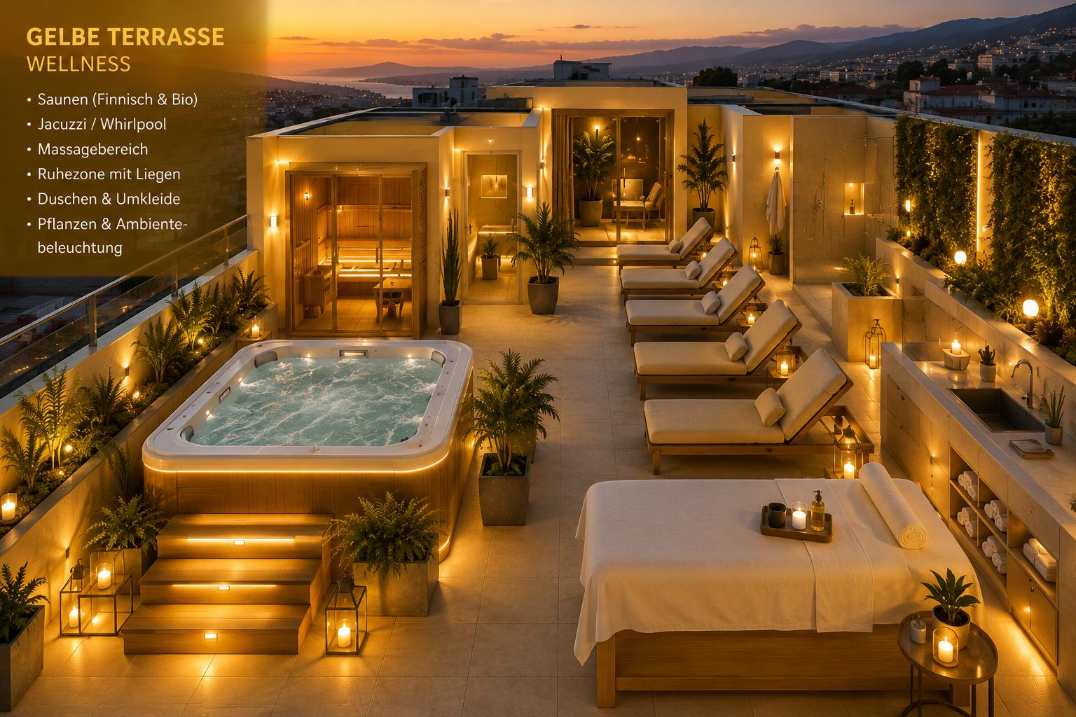 Private wellness terrace with sauna, jacuzzi and massage area