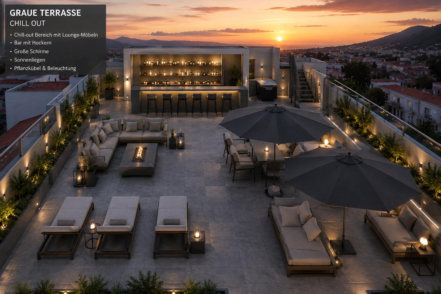 Chill-out and event terrace with lounge furniture, bar and sun loungers